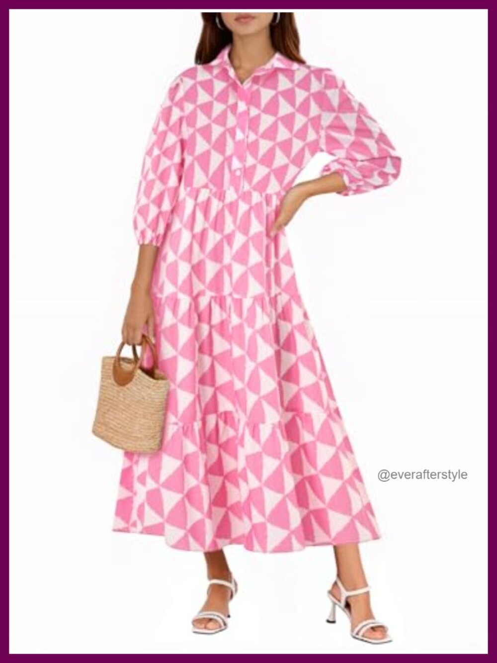 Womens Casual 3/4 Sleeve Button Down Flowy Maxi Dress